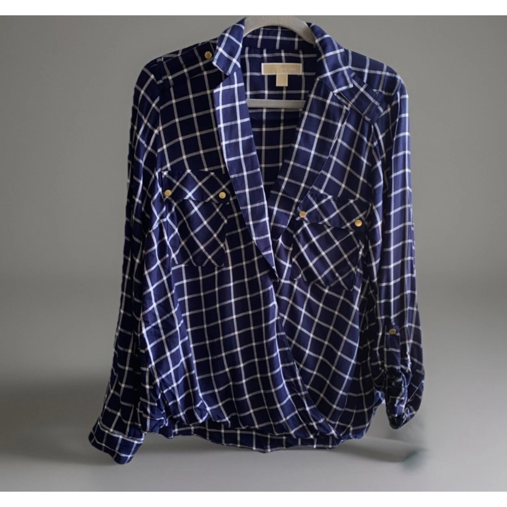MICHAEL  Michael Kors Plaid‎ Blouse Women’s Large Navy White Plaid Gold Buttons